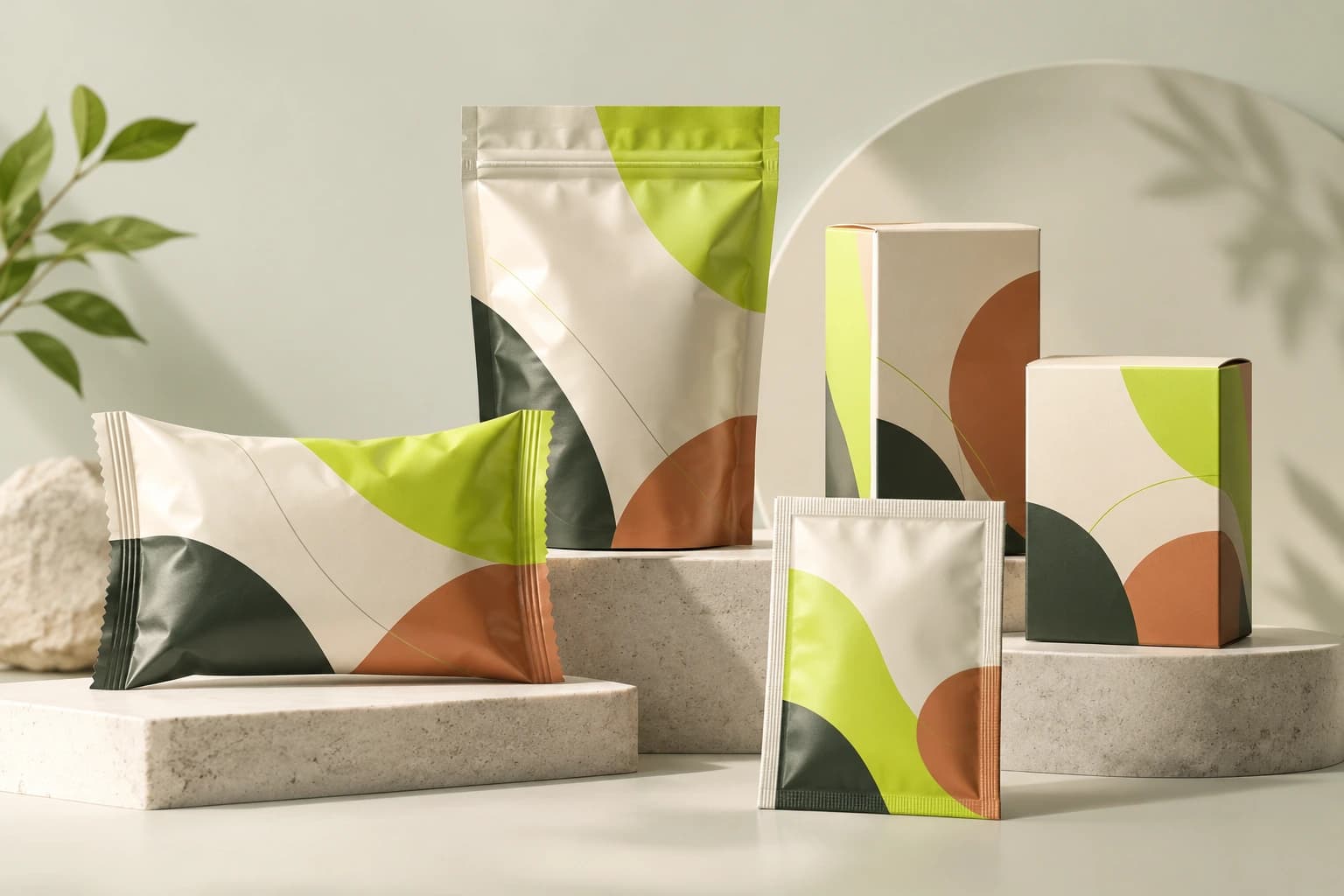 A collection of pouches and folding carton packaging