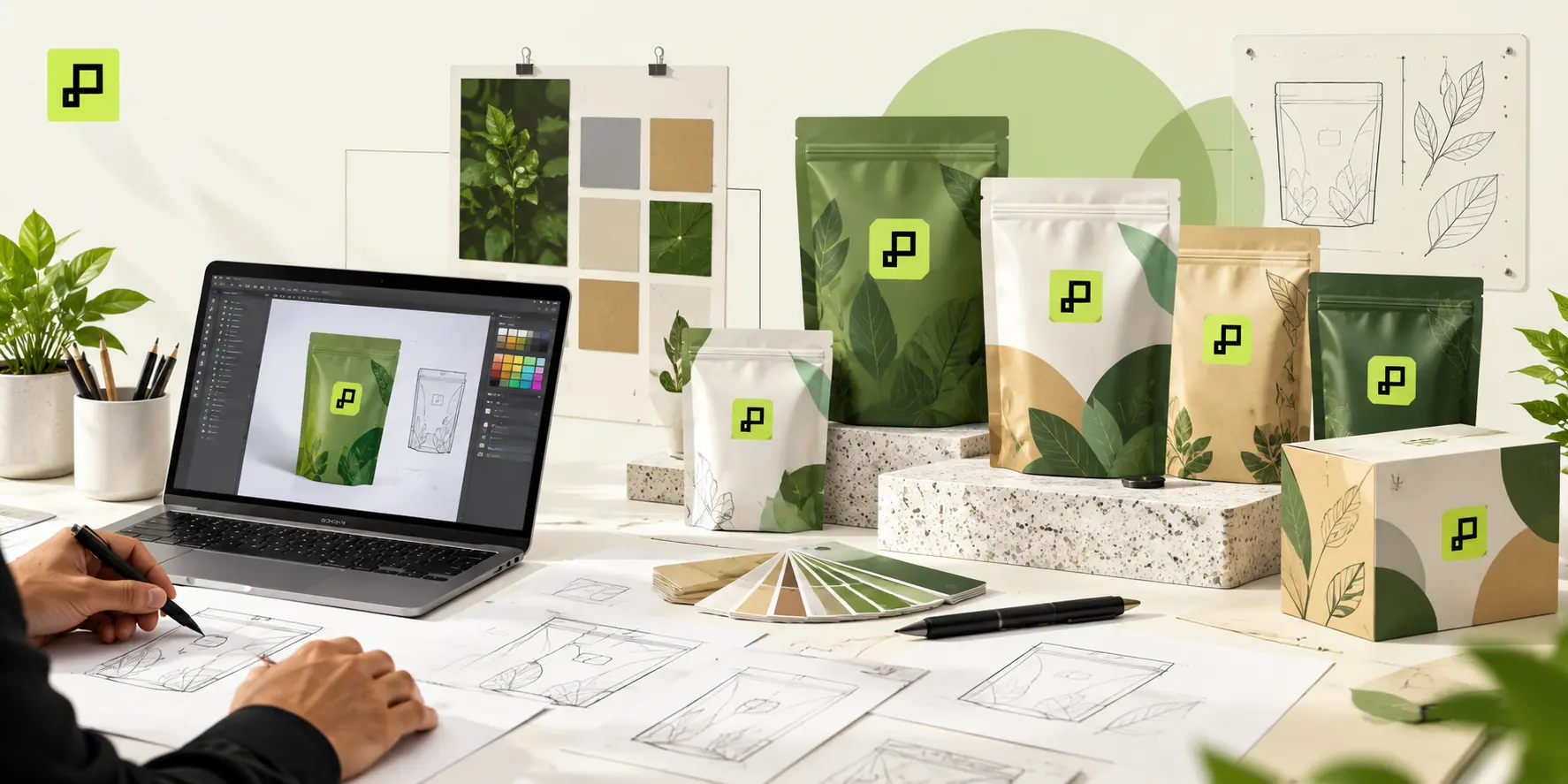 Botanical packaging design concepts with pouches, carton mockups and brand design elements