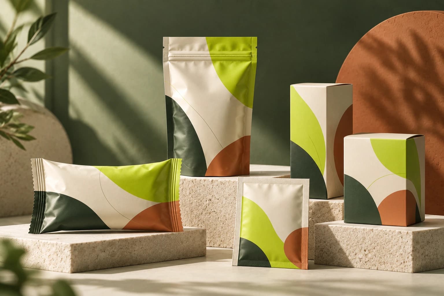 Organic green packaging collection featuring pouches, sachets and folding cartons