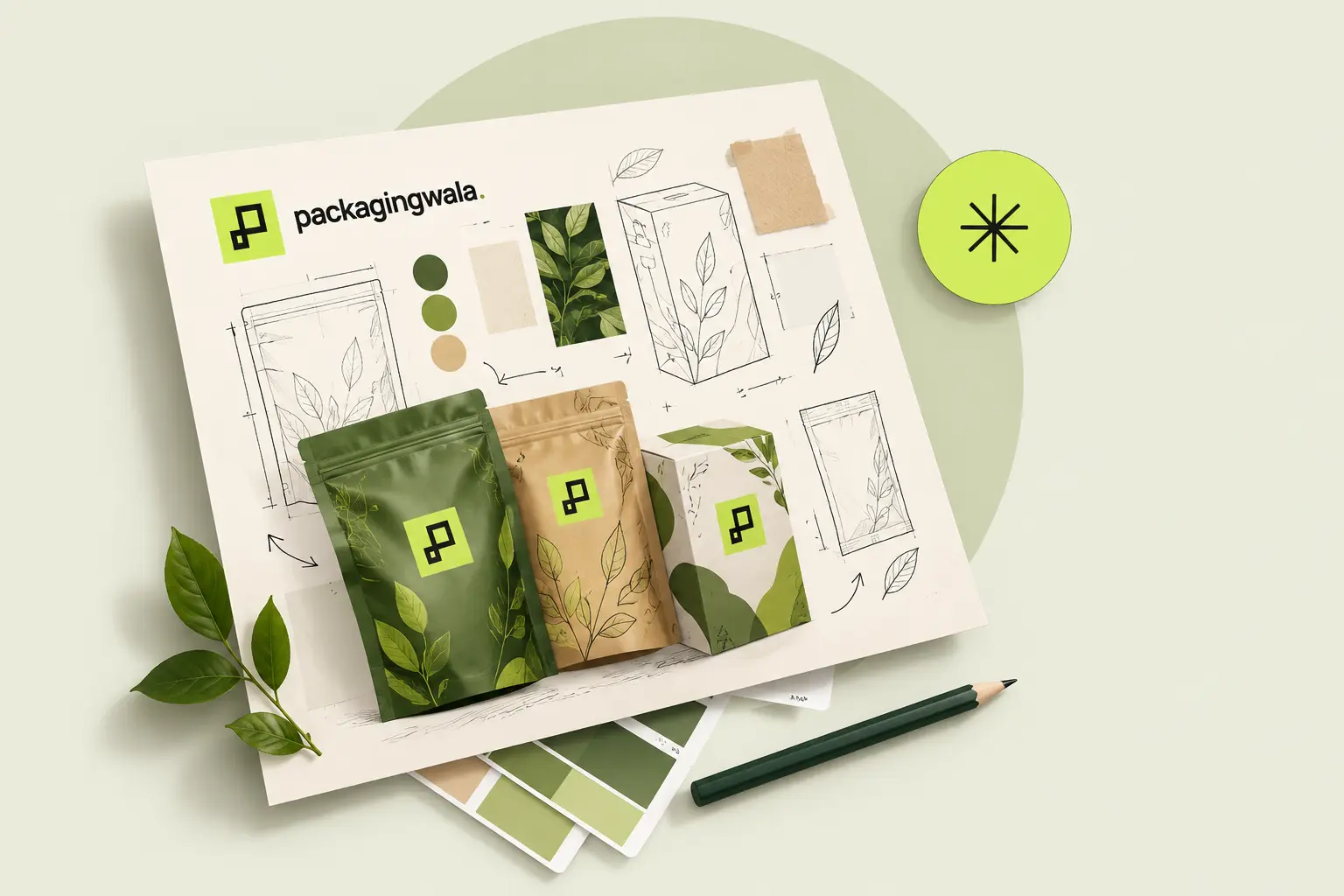 Eco-inspired design board featuring packaging mockups, botanical sketches and a natural colour palette