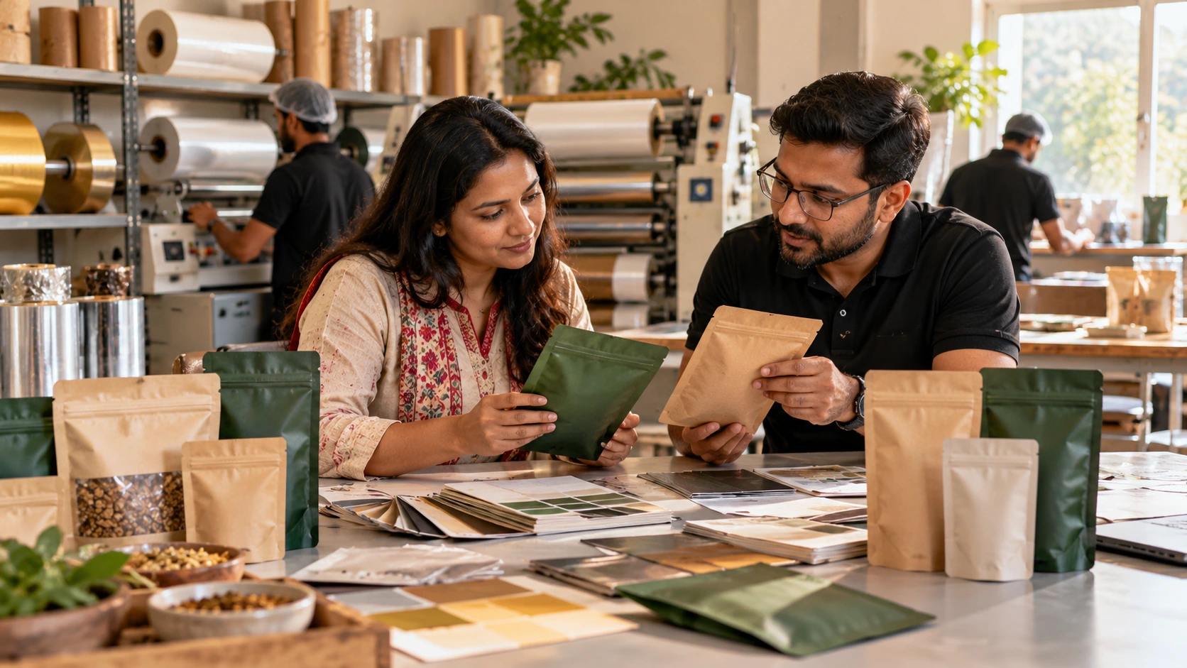 An entrepreneur reviewing custom pouch samples and packaging materials with a packaging consultant