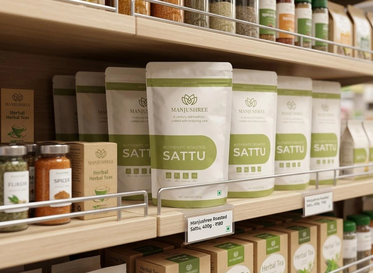 A thoughtfully packaged product displayed among everyday grocery products in a traditional retail setting