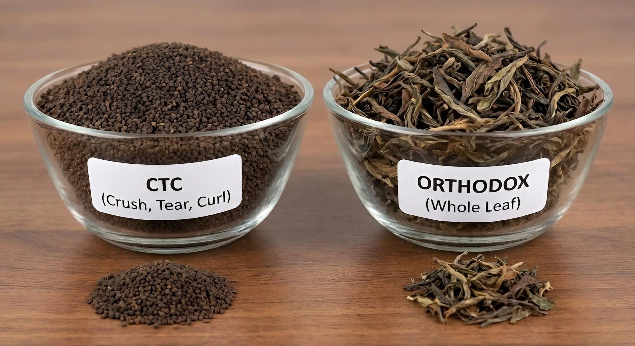 CTC tea granules compared with whole orthodox tea leaves