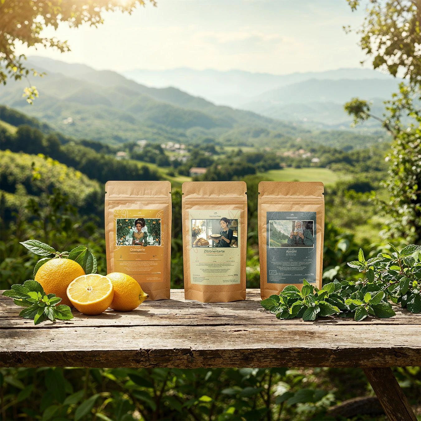 Premium tea presentation with loose leaves and tea packaging