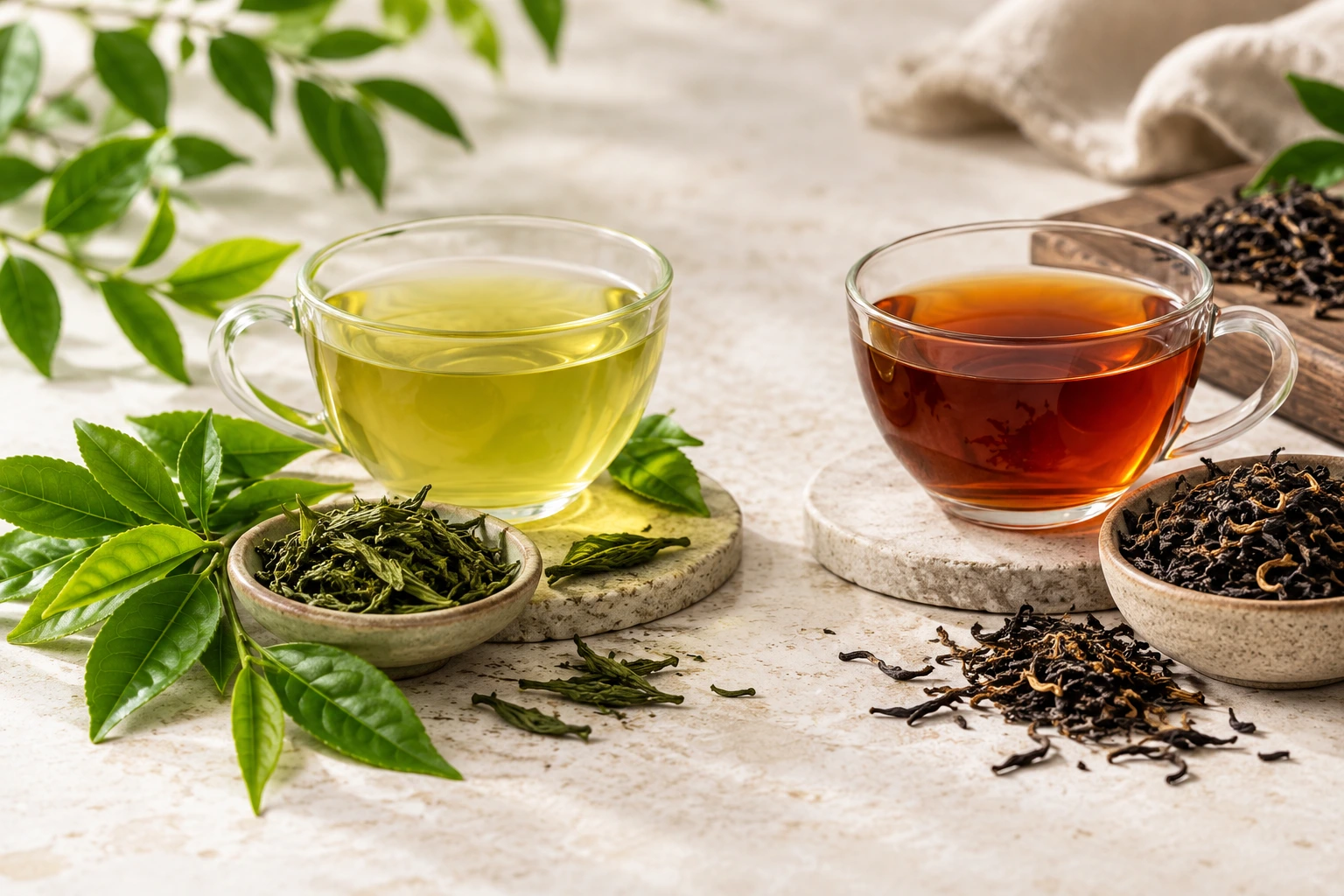Green tea and black tea in glass cups with their respective loose leaves
