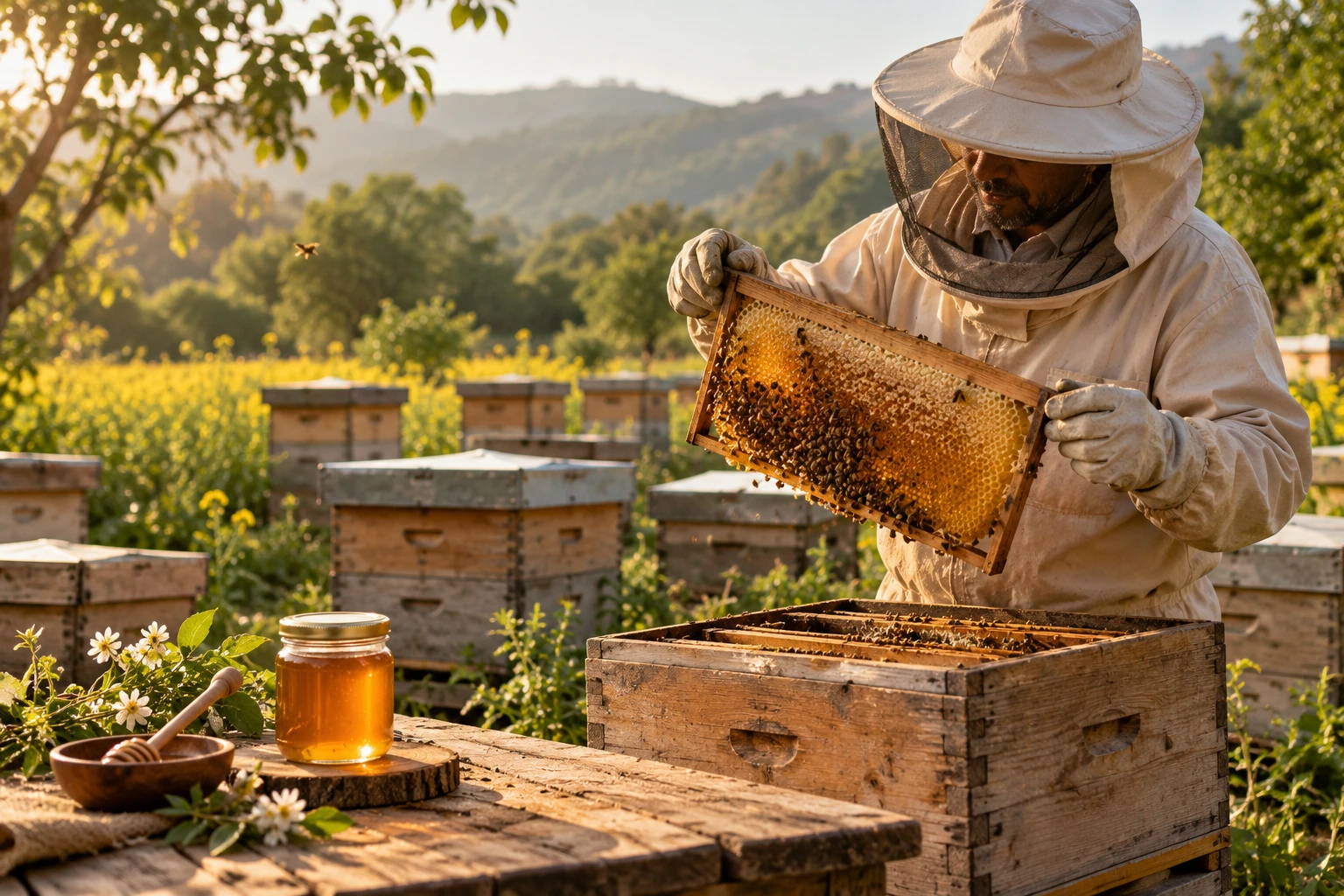 A professional beekeeper inspecting a honeycomb frame beside beehives in an outdoor apiary