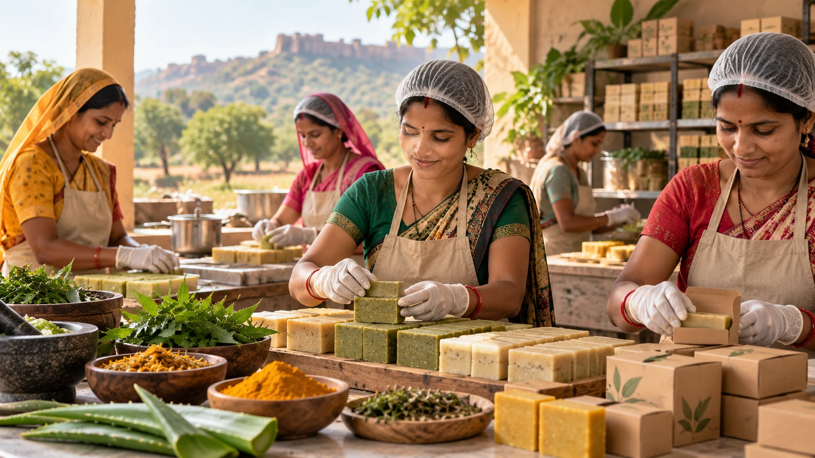 Rural women preparing herbal soap bars and arranging packaged products in a small workshop